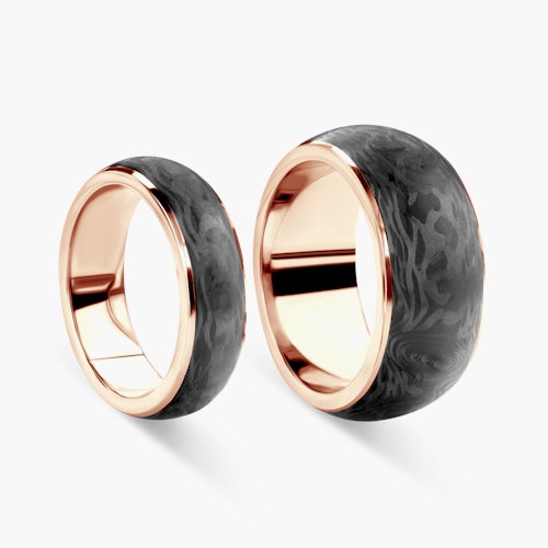 Obrączki ślubne: carbon, różowe złoto, półokrągłe, 6 mm i 10 mm